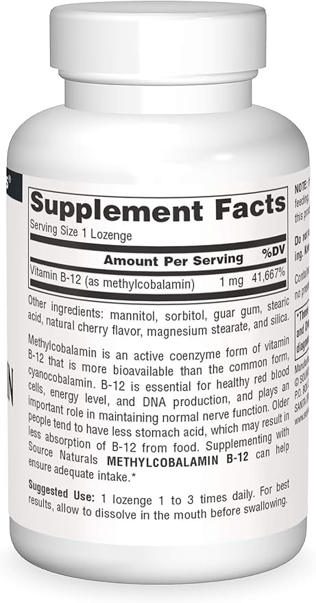 Source Naturals MethylCobalamin Vitmain B-12 Cherry-Flavored, 1 mg - 240 Lozenges