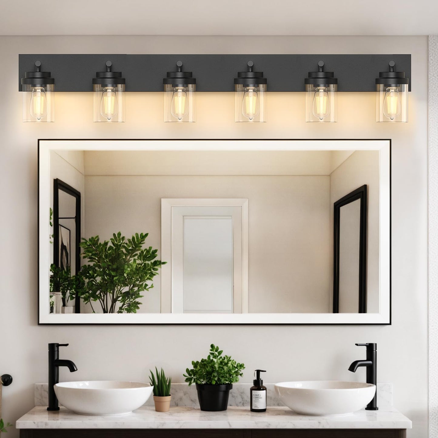 Izorro Bathroom Vanity Light Fixture  6-Light 43 Inch Matte Black Bathroom Light Fixtures Over Mirror  With Clear Glass Shade  Modern Farmhouse Vanity Lights  Rustic Restroom Lighting Fixtures