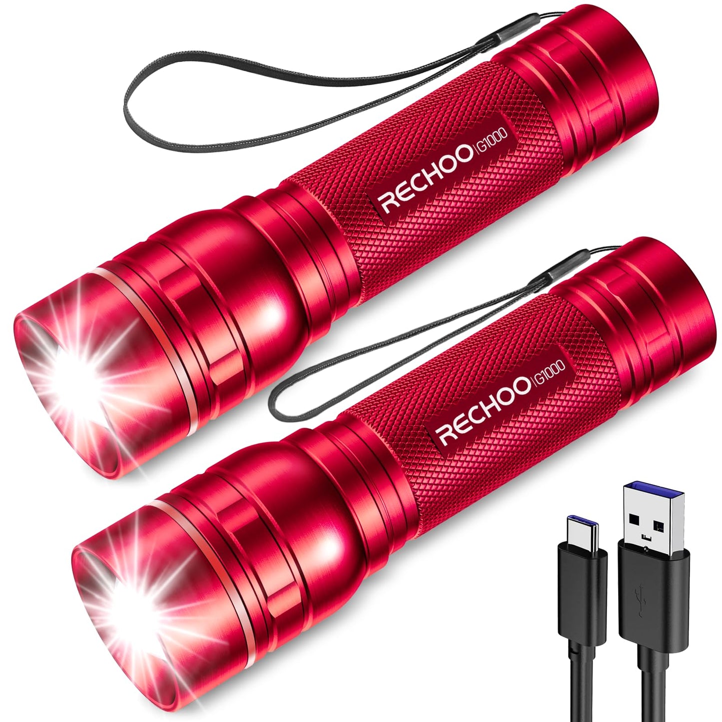 RECHOO G1000 Rechargeable Flashlights 2 Pack, Small LED Torch, 3 Lighting Modes, Aluminum, Red