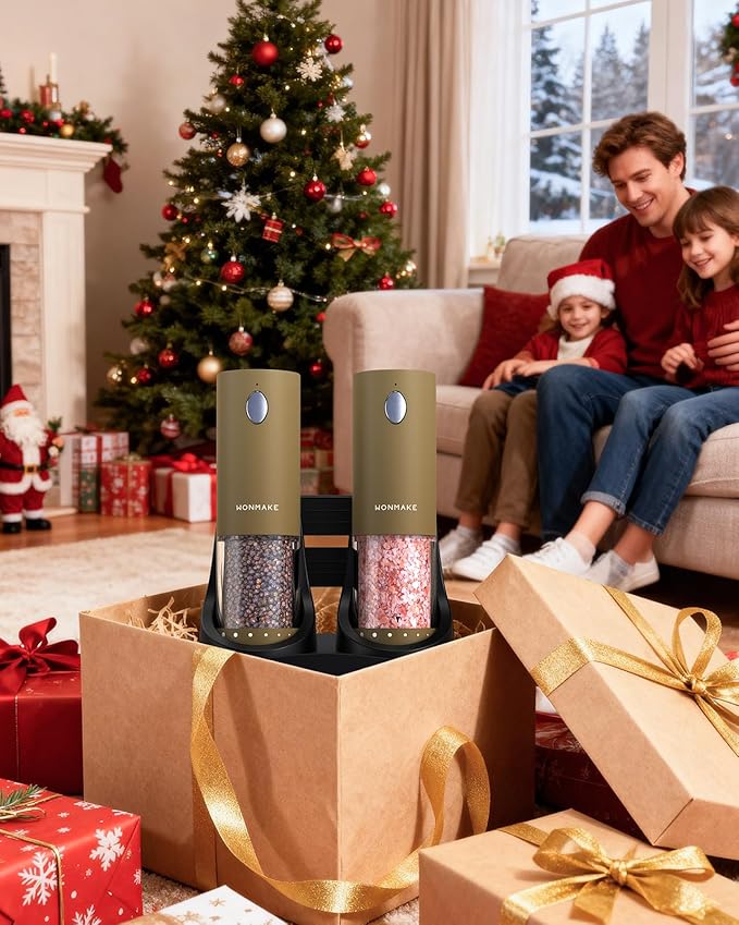 Electric Salt and Pepper Grinder Set - Automatic Refillable Salt and Pepper Grinders with Charging Base & LED Light, 6-Level Adjustable Coarseness with External Dial, Ideal Kitchen Gadget，Brown