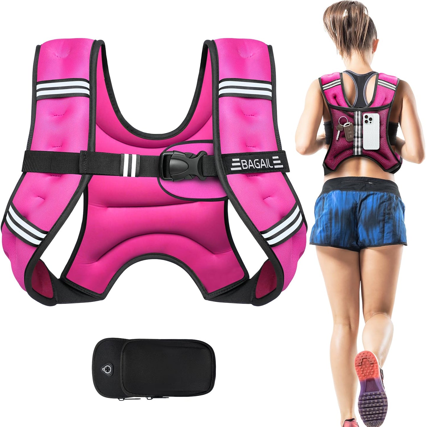 BAGAIL Weighted Vest, 5lb/8lb/10lb/12lb/15lb/20lb/25lb/30lb Weight Vest for Walking & Weight Loss, Reflective Rucking Vest with Phone Pouch for Women & Men, Home Gym & Outdoor Training
