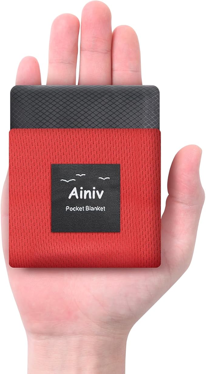 Picnic Blanket, Mini Pocket Beach Mat 43.3 x 55.1IN (2-3 People) Foldable, Lightweight Waterproof Sand Free, Foldable Thin Ground Sheet for Outdoor Camping Hiking Travel - with Hand Strap