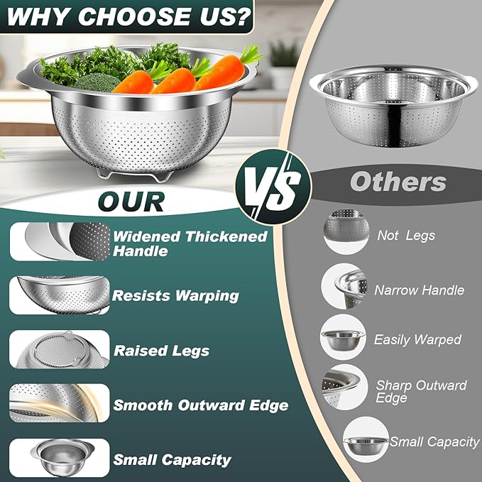 Colander for Kitchen - Stainless Steel Strainer - 3Pcs Strainers and Colanders with Handle, Kitchen Gadget, Food Strainer Basket for Pasta Noodles Spaghetti Vegetables Fruit, 2QT + 3QT + 3.5QT Bowl