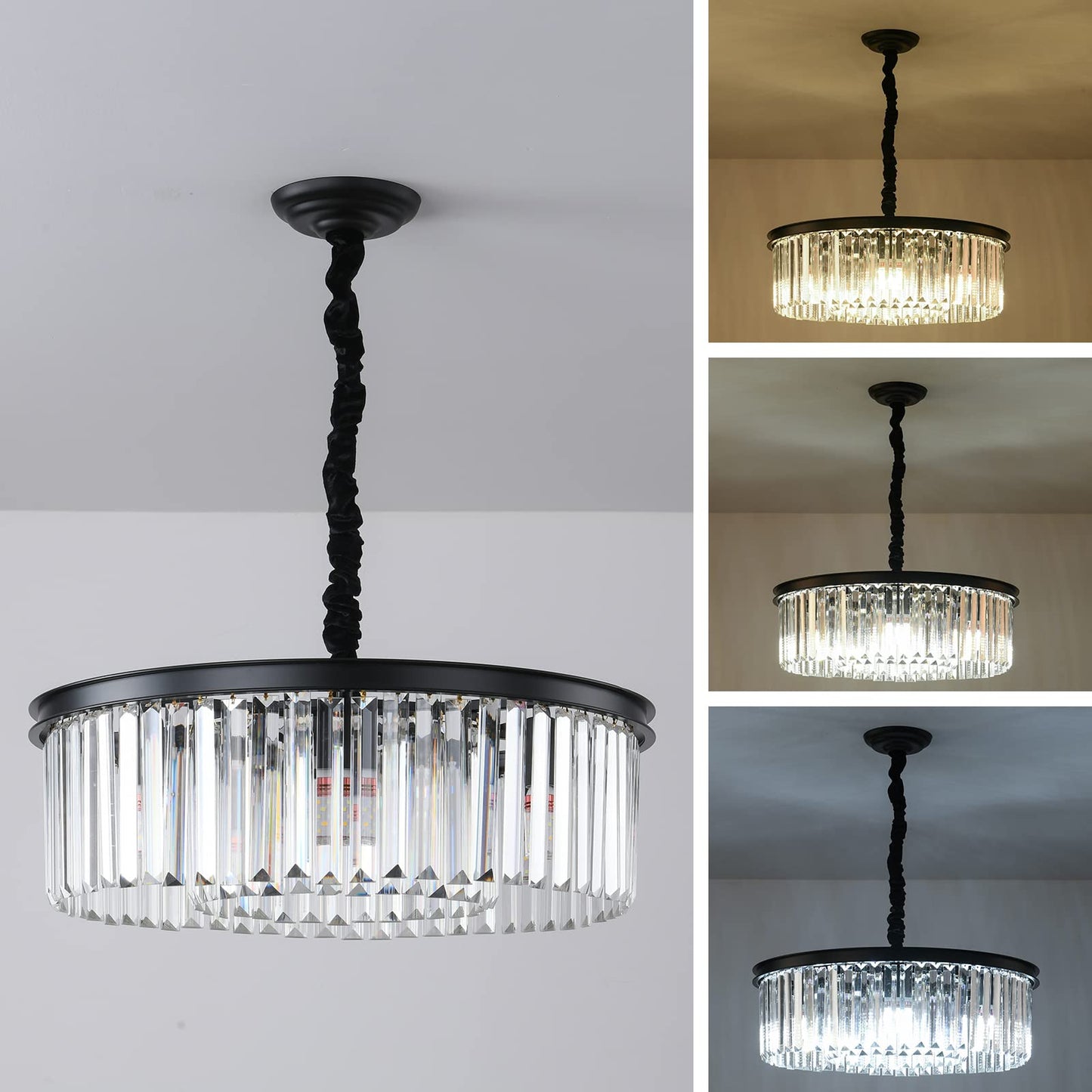 Laiuetai Black Modern Crystal Chandelier  2-Tier Round Flush Mount Ceiling Light Fixtures Height Adjustable Pendant Lighting For Dining Room Living Room Bedroom Kitchen Hotel Foyer