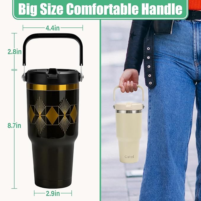 30 oz Tumbler with Handle Flip Straw, Vacuum Insulated Tumblers with Flip Straw and Top Handle, Reusable Insulated Cup for Home, Outdoors, Leakproof, Fits in Cup Holder, Cold for 30 Hours