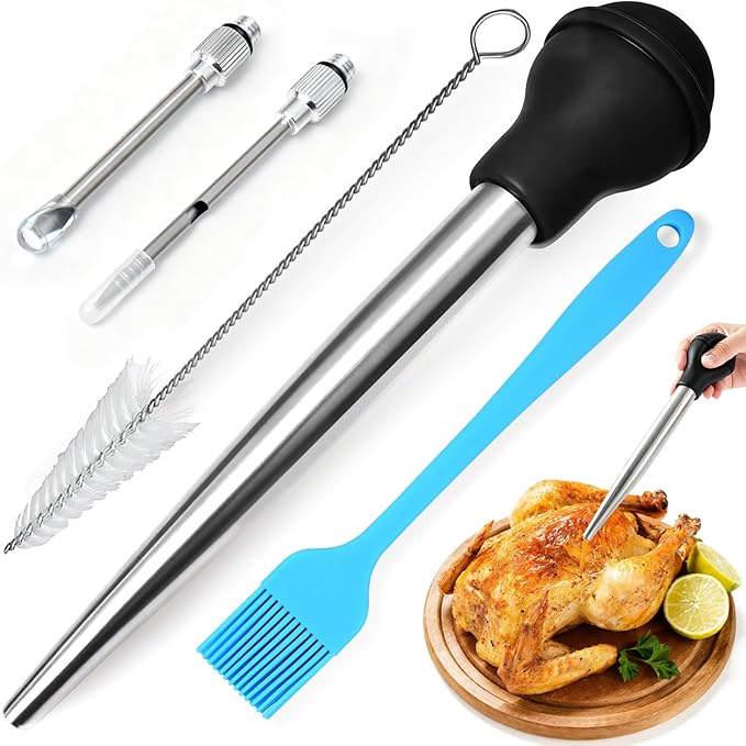 Stainless Steel Turkey Baster with Cleaning Brush & Needle, Black Meat Injector Set for Home Baking Kitchen Tool Cooking, Flavor Meat Poultry, Beef, Chicken