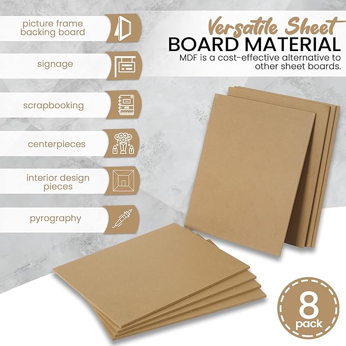 (8-Pack) CalPalmy 11” x 14” MDF Boards - 1/4” Thick Boards for Carpentry, Interior Design, Hobby Crafts, and More - with Smooth, Unfinished Sides and Sanded Edges
