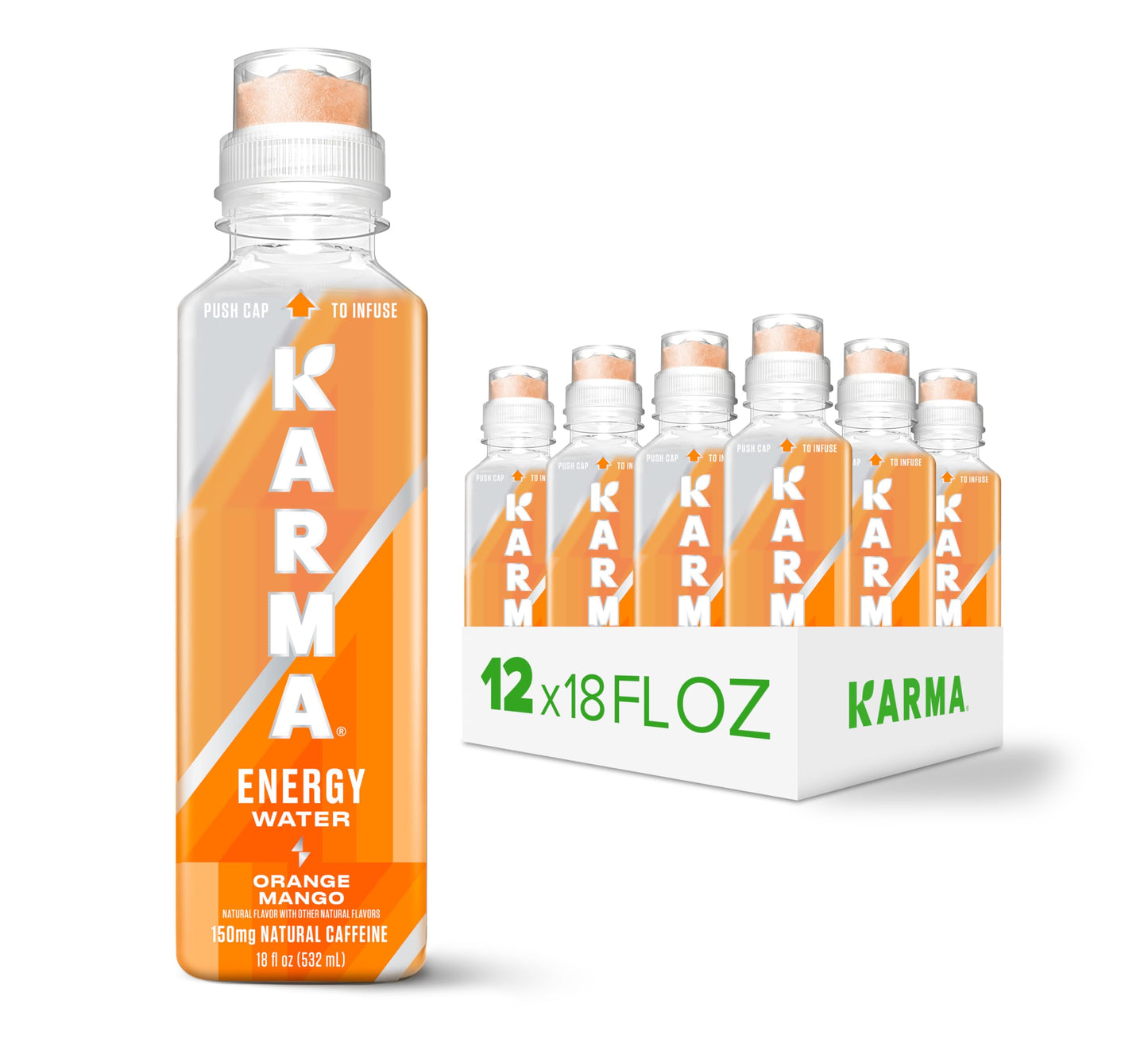 Karma Energy Drink - 12 Pack  Orange Mango Caffeinated Water with Cognizin Nootropics  Vitamins & Immune Support  Low Calorie