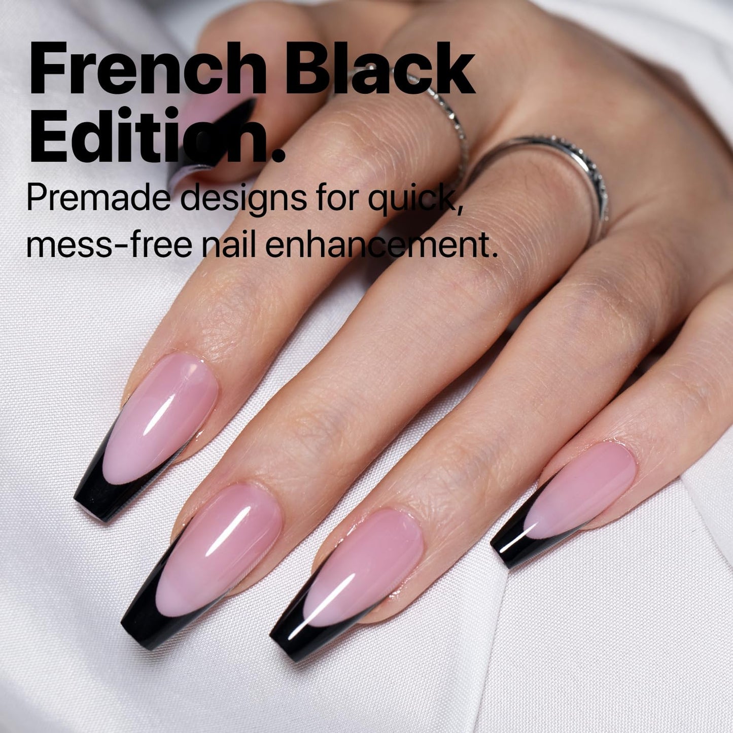 SXC Cosmetics French Tip Press On Nails - Black Series, Medium Coffin, X-Pro Tips Starter Kit | 150PCS, 15 Sizes, 5 Styles, Begi