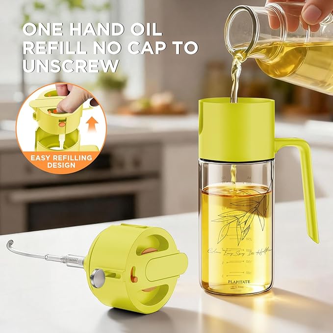 17oz/500ml Premium Olive Oil Sprayer for Cooking, 2 in 1 Glass Olive Oil Dispenser Bottle for Kitchen Gadgets, Spray Bottle with Portion Control for Salad, Frying, BBQ (Lime Yellow)
