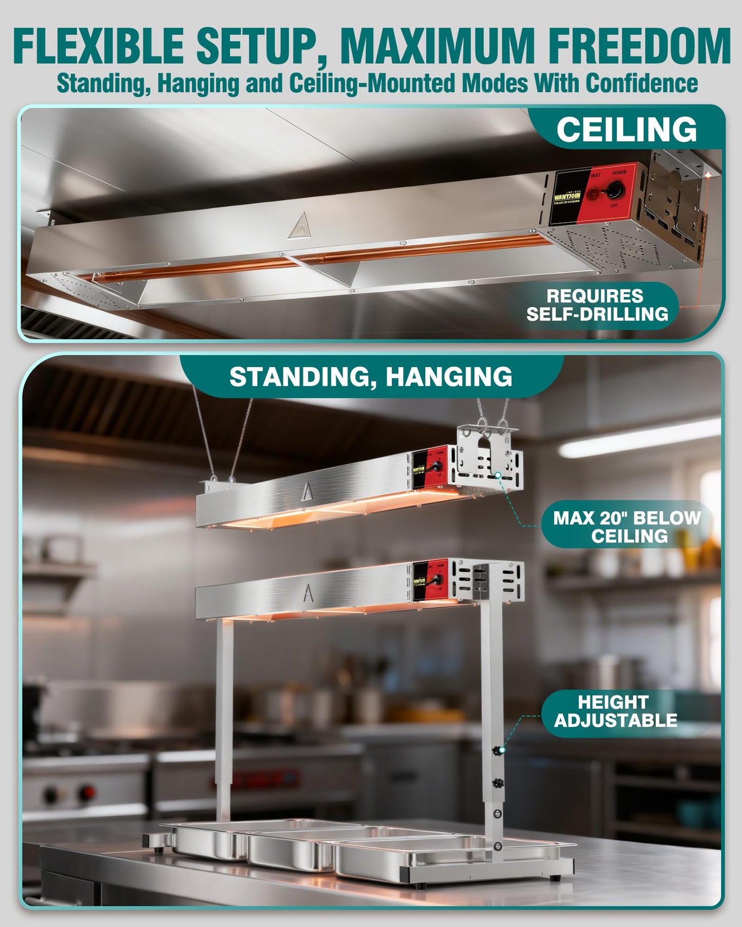 WantJoin Food Heat Lamp 24'' - 800W Commercial Food Warmer Lamp Overhead Hanging & Standing Electric Strip Heating Lamps for Buffet Catering Restaurant Parties, Silver