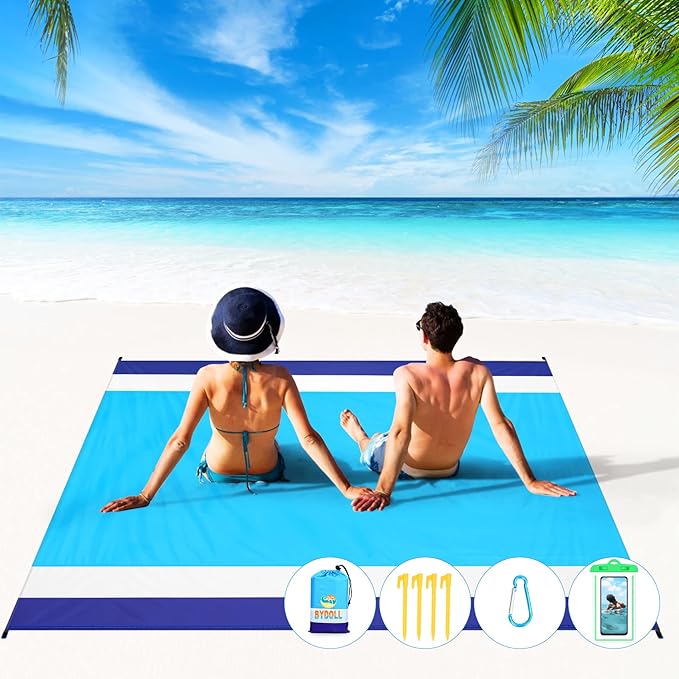 BYDOLL Beach Blanket Waterproof Sandproof 78''×81'' 1-7 Adults Oversized Lightweight Large Picnic Mat Waterproof Sandproof Blanket for Beach