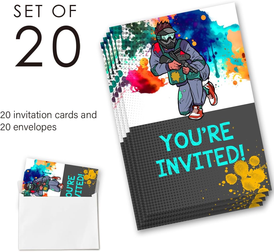 Paintball Birthday Invitation Supplies with Envelopes Set of 20 Bruh Teen Boy Party Invitation Fill in Blank, Double Sided