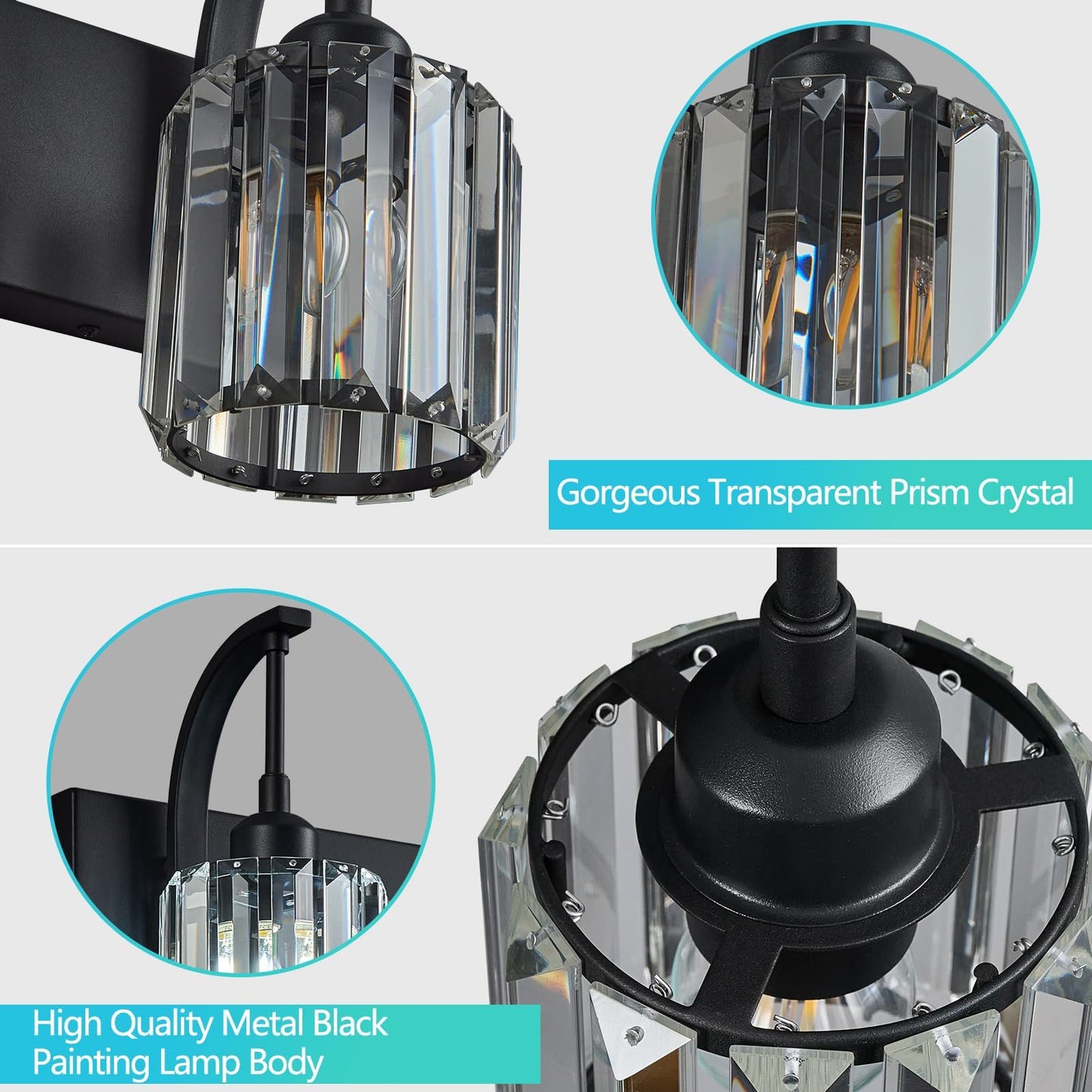 Fdpby 4-Light Crystal Vanity Light  Modern Black Bathroom Wall Sconce With K9 Crystal Shades  32.67 Long Over Mirror Lighting For Vanity  Makeup  Hallway  Elegant & Easy Install