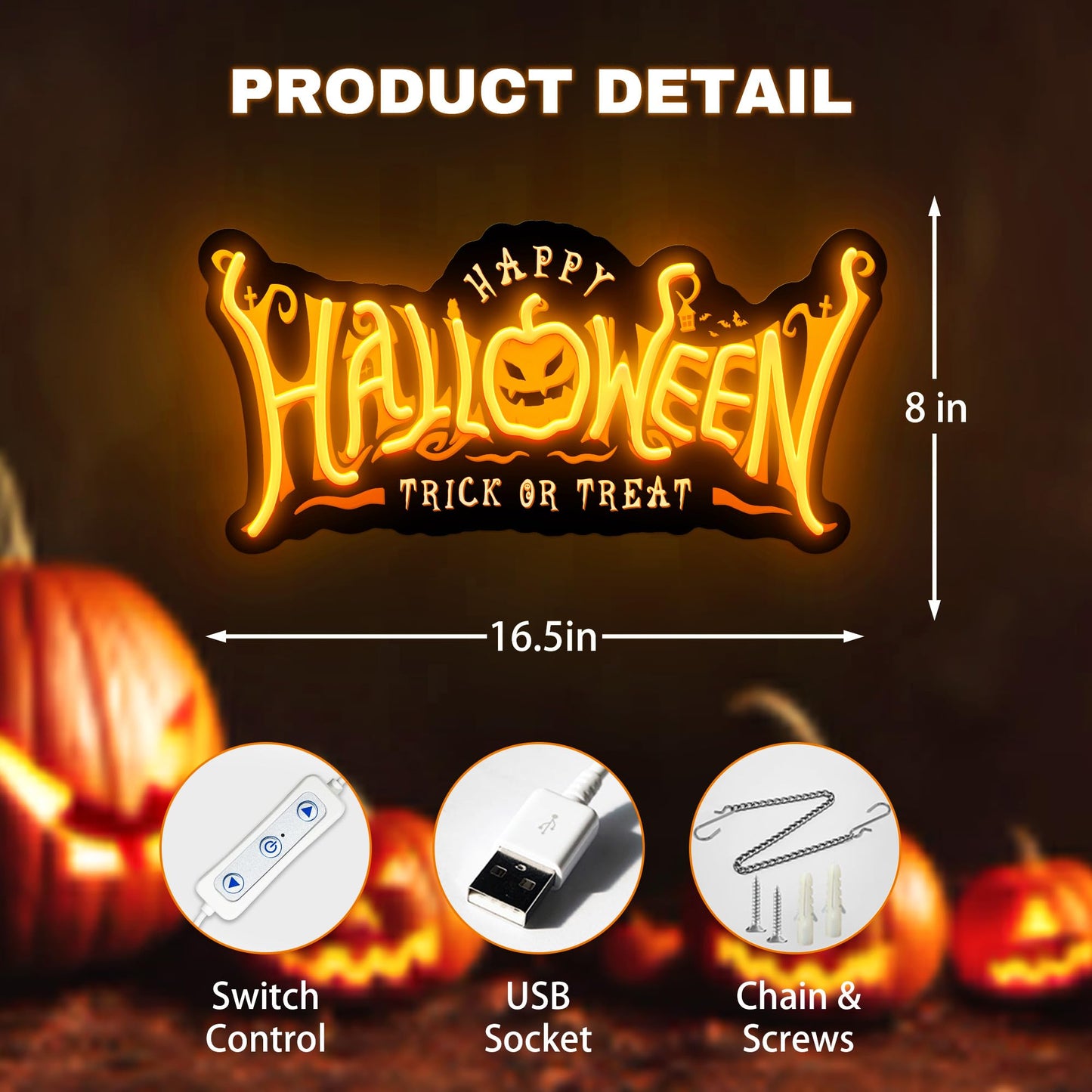 SELICOR Halloween Pumpkin Neon Sign, USB Powered Acrylic Light, 16.5inx8in, Orange