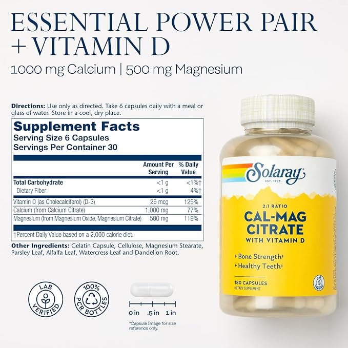 SOLARAY Calcium & Magnesium Citrate 2:1 Ratio w/Vitamin D-3, Healthy Bones, Muscle & Nervous System Support, High Absorption 180 Capsules