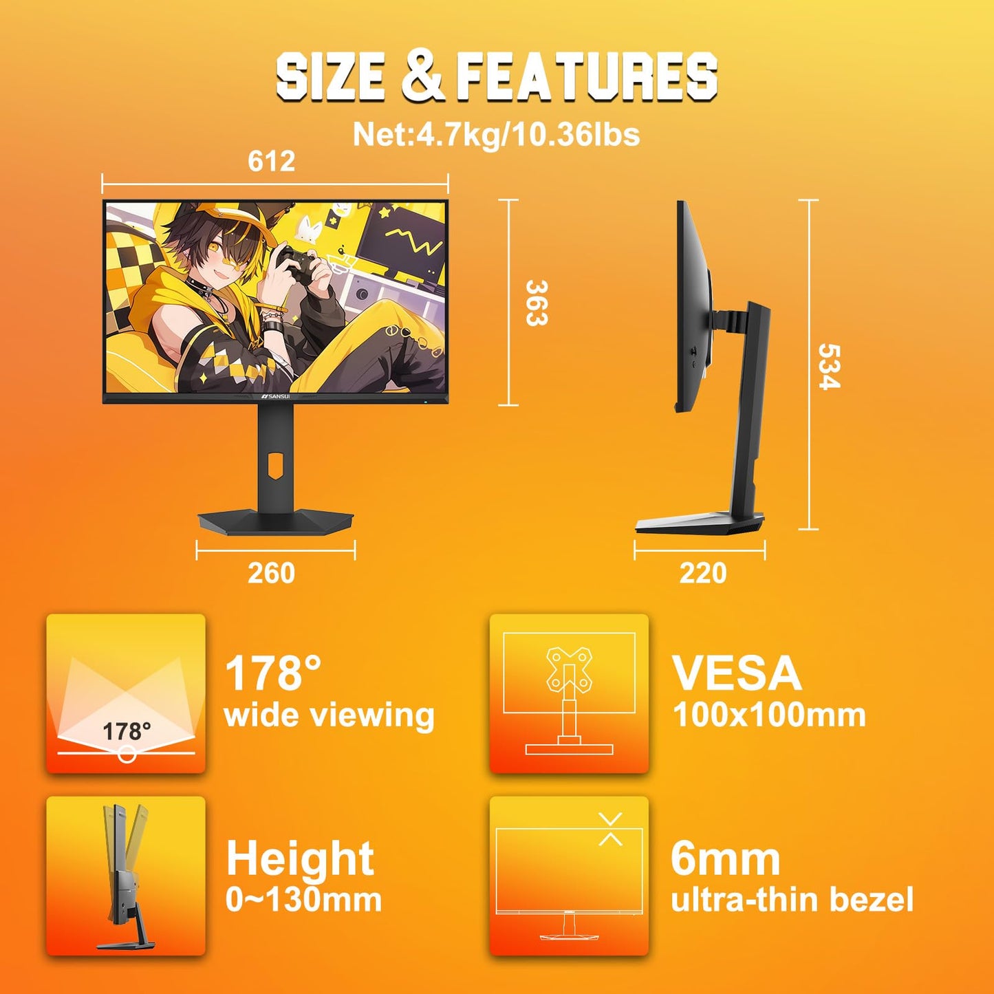 SANSUI 27 inch 1440p 300Hz 240Hz Gaming Monitor, WQHD Fast IPS 1ms Computer Monitor, FreeSync Premium | Brightness 400Nits | 130% sRGB | 10Bits | HDR | ErgoStand | VESA Mount | 2×DP 1.4 & 2×HDMI 2.1