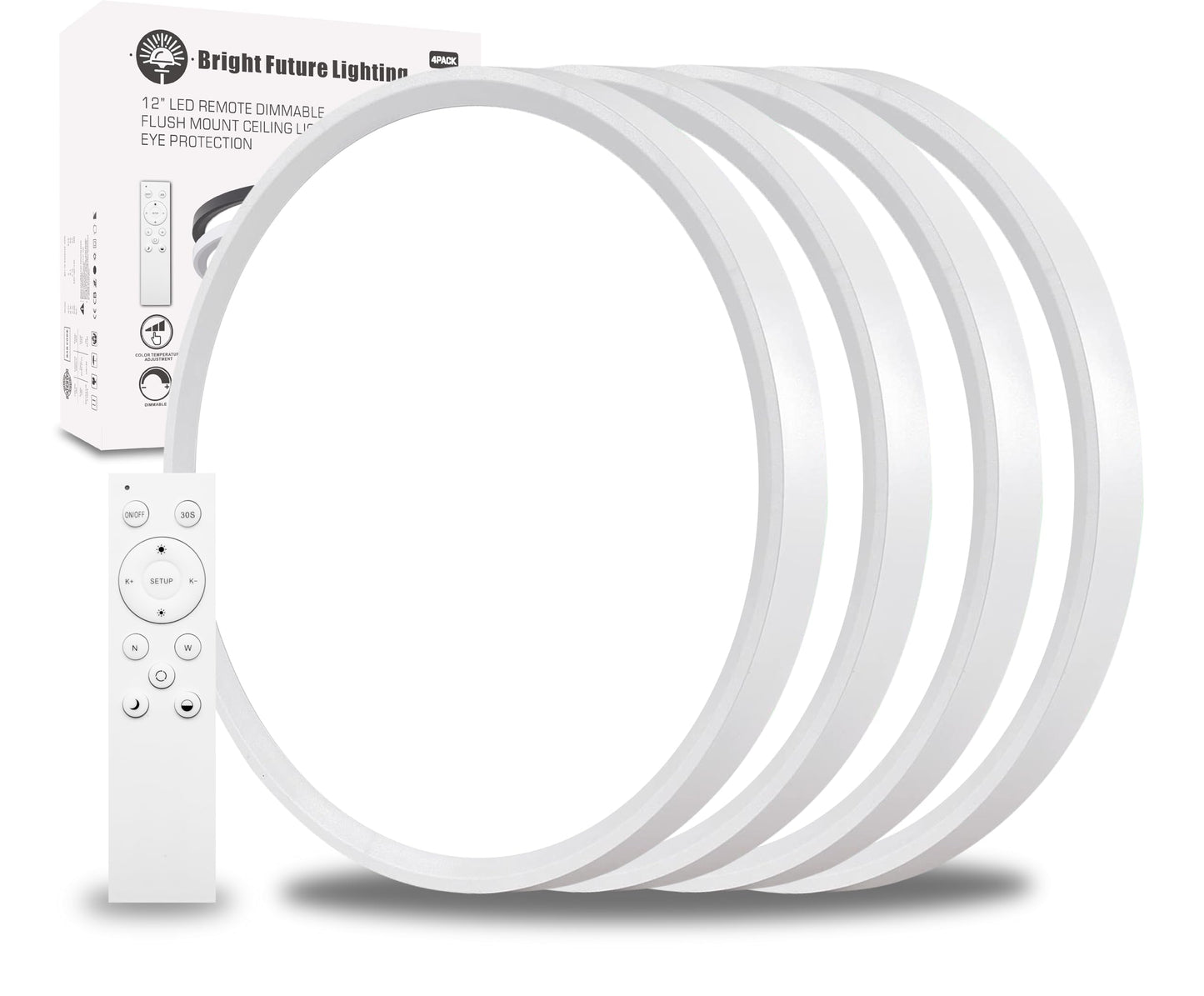 Bright Future Lighting 4Pack LED Flush Mount Ceiling Light 12 Inch 24W Dimmable Remote Control White Model BFL12RD-D300H23-24W