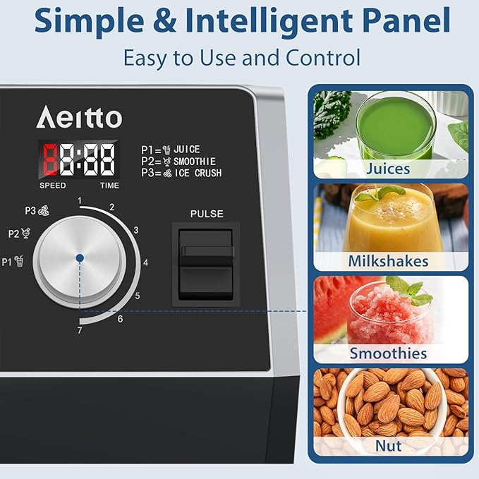 Aeitto Blenders for Kitchen with 68Oz. Large Capacity, 1800W Max Power Smoothie blender, 3 Preset Programs & 7 Speeds, Professional Countertop Blender for Smoothies, Frozen Drinks, Generation1 Black
