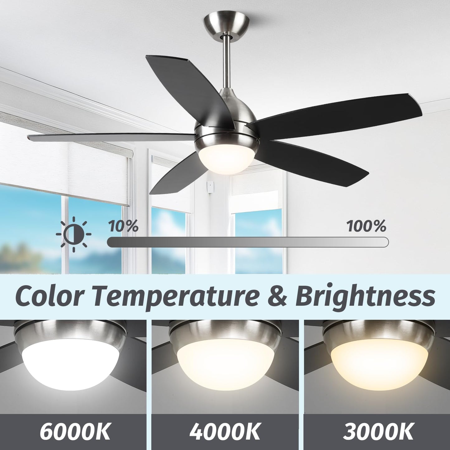 Kapoefan Brushed Nickel Ceiling Fan With Lights,52 Inch Ceiling Fans,6 Speeds,3 Color,Quiet Dc Motor,Ceiling Fan With Remote Con
