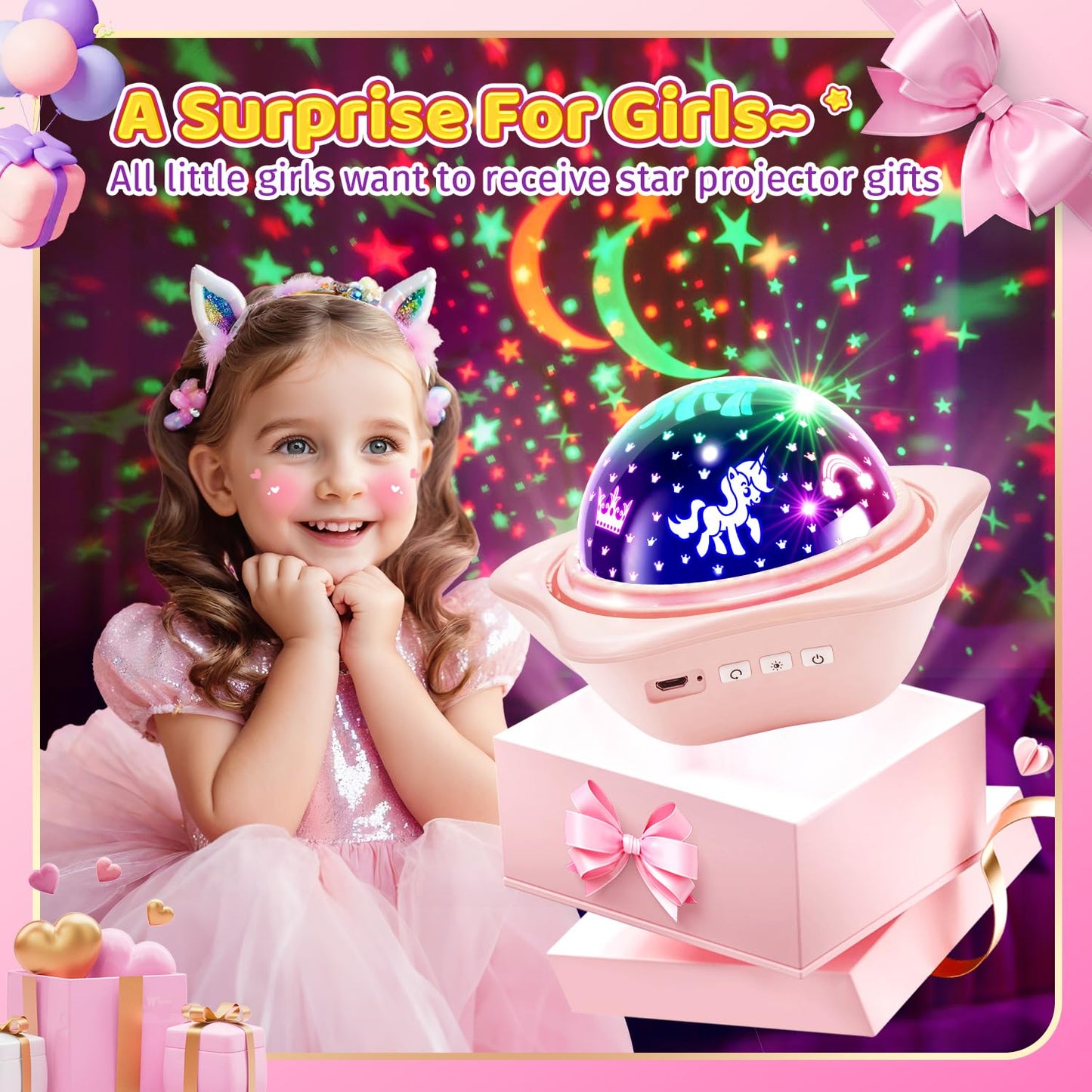 Pikoy Night Light For Kids  90 Modes+6 Films+Dimmer+Timer+Remote Kids Night Light Projector  Rechargeable Built-In Battery+360 Silent Rotation Butterfly/Princess/Mermaid Room Decor Girl Toys/Gifts