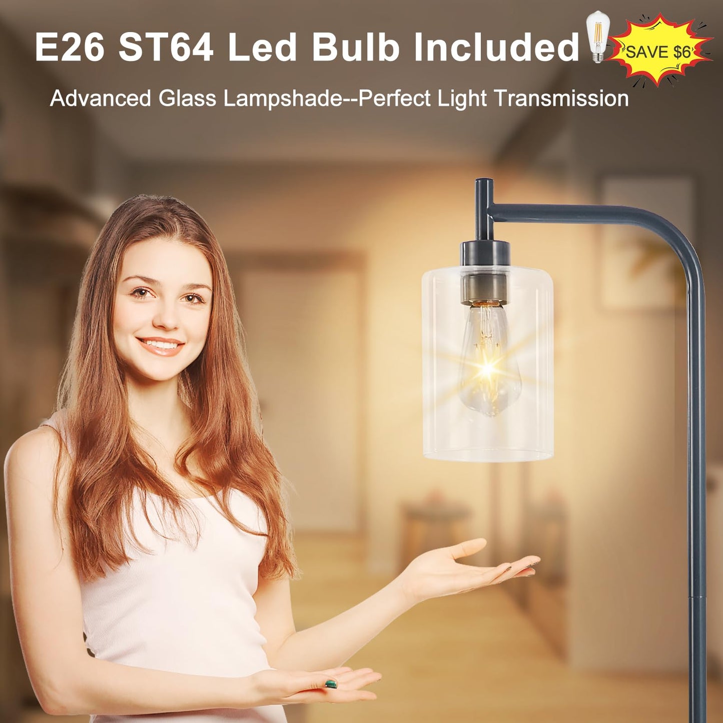 DINGLILIGHTING Floor Lamp Tall Grey Metal with Clear Glass Shade, Model WSFLL005-GY, 8W LED Bulb Included