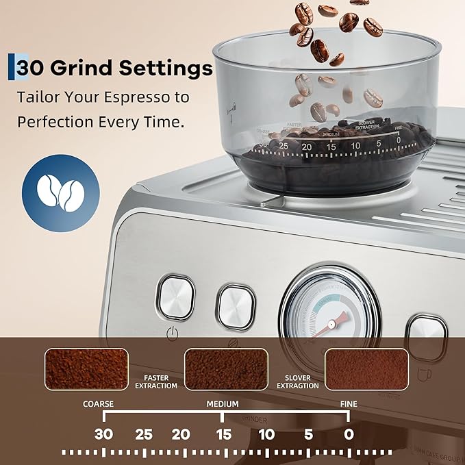 Stainless Steel Espresso Machine with Grinder and 20 Bar Pressure, 2.8l Removable Water Tank, Milk Frother Steam Wand for Latte and Cappuccino, Adjustable Shot Volume,Silver