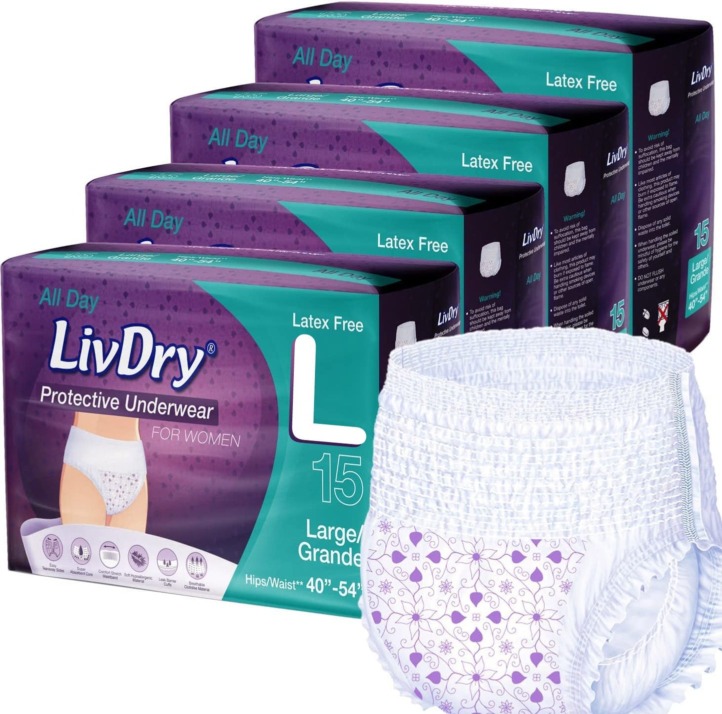 Livdry L Adult Diapers Women Overnight, Ultimate Max Absorbency, All Day or Night Protection, Large (60 Count)