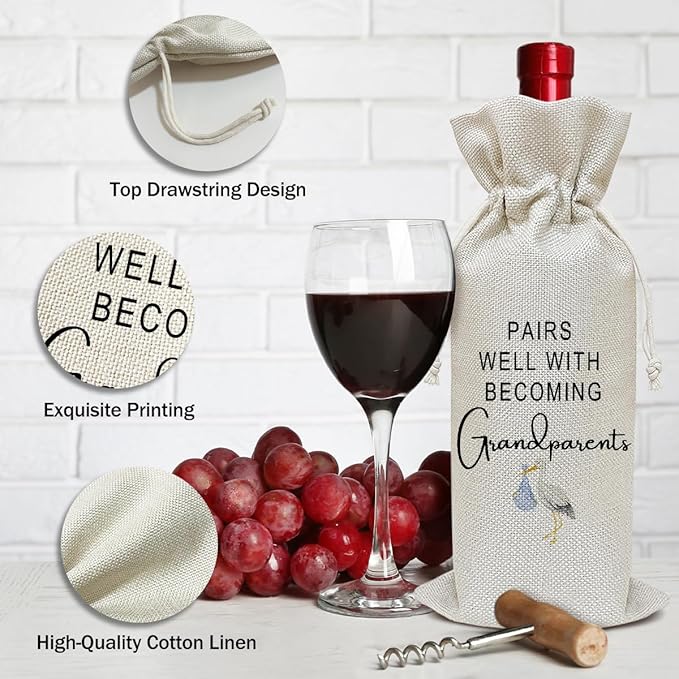 Pregnancy Announcement Wine Bag, New Grandparents Gift Funny Wine Gifts for Women Men, Party Favor Wine Champagne Gift Bag With Drawstring -05