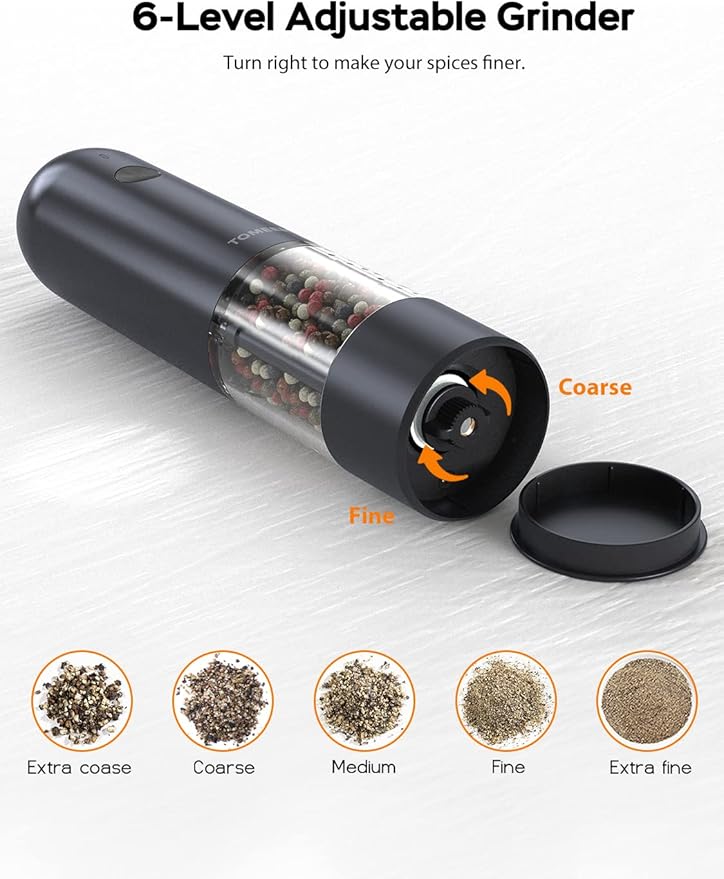 TOMEEM Electric Salt and Pepper Grinder Set with LED Lights – Rechargeable Automatic Pepper and Salt Mill with 6 Adjustable Coarseness for Kitchen, BBQ & Gifts