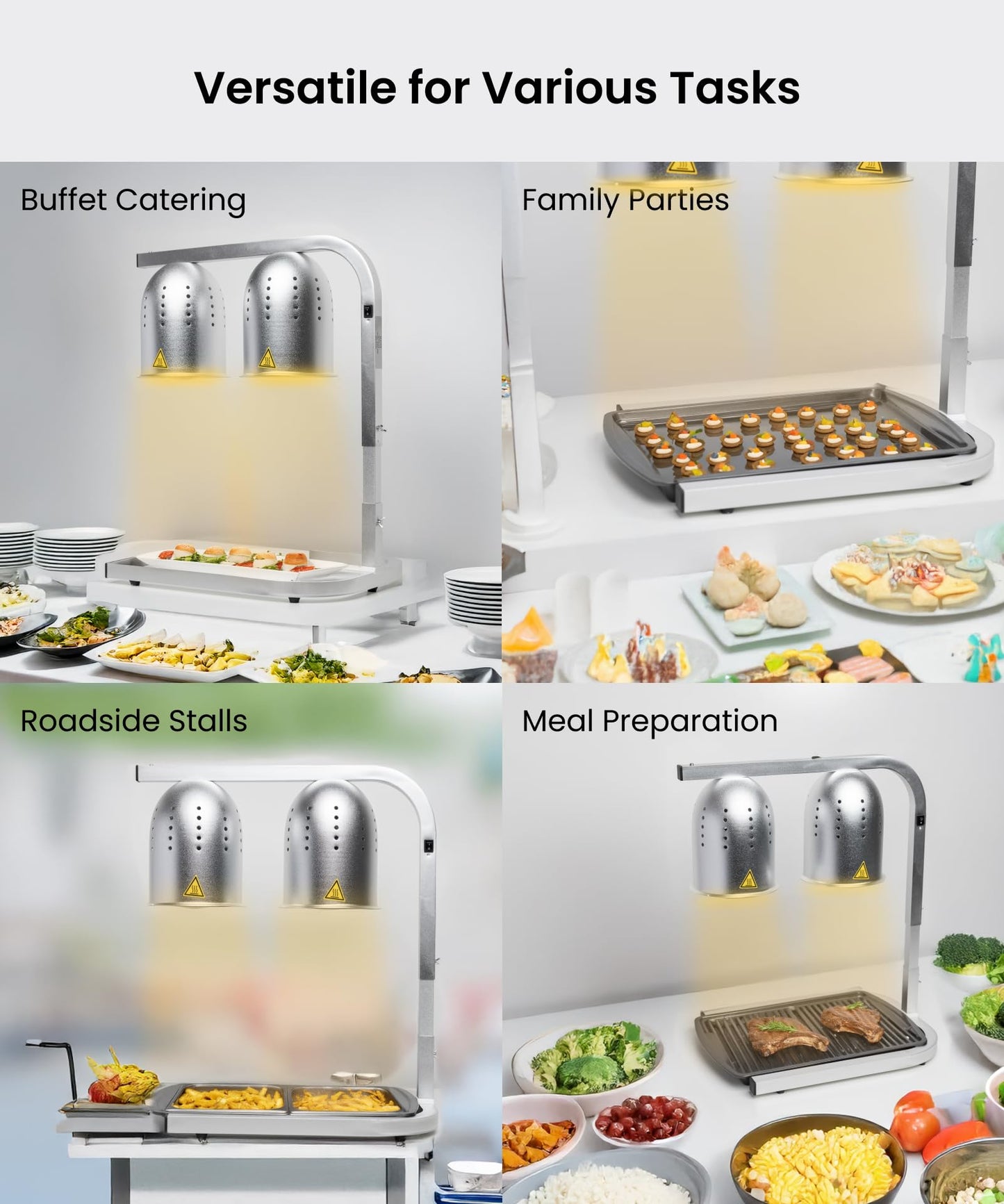 SYBO Commercial Grade Food Heat Lamp, Electric 2-Bulb Heating Lamp Warmer for Food with Adjustable Stand, 500W, Silver