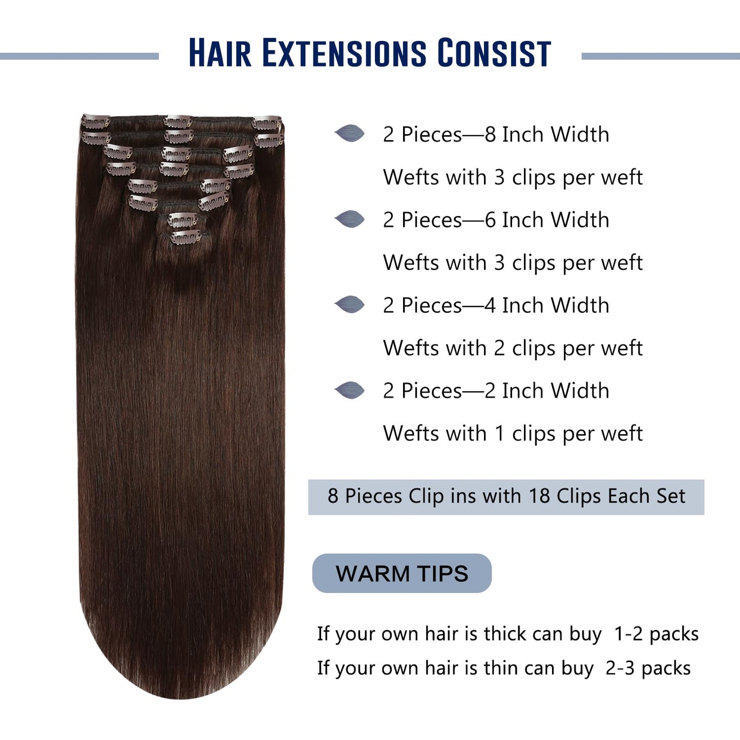 Sunya Clip in Hair Extensions Real Human Hair Dark Brown Human Hair Clip in Extensions Double Weft Brown Human Hair Clip ins Str