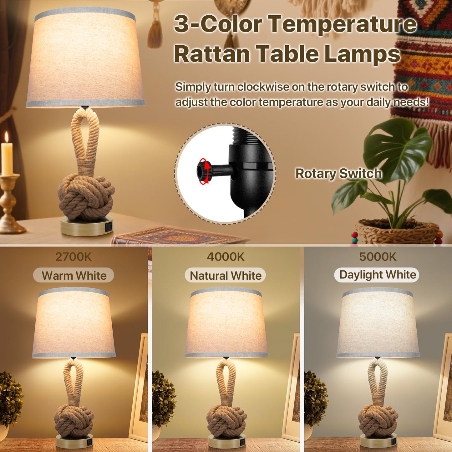 Vallerico 22in Rope Table Lamps Set of 2, Boho Design, USB Ports, Hemp Rope Rattan, Brown, Model VR-RTB-W2