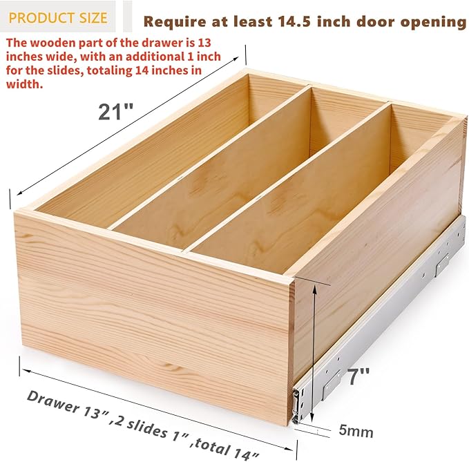 Pull Out Cabinet Organizer with Divider, 14''W×21''D×7''H Soft Close Wood Drawer for Kitchen Pantry, Finished, Heavy-Duty, Bottom Assembly (Wood Drawer Part Width is 13'')