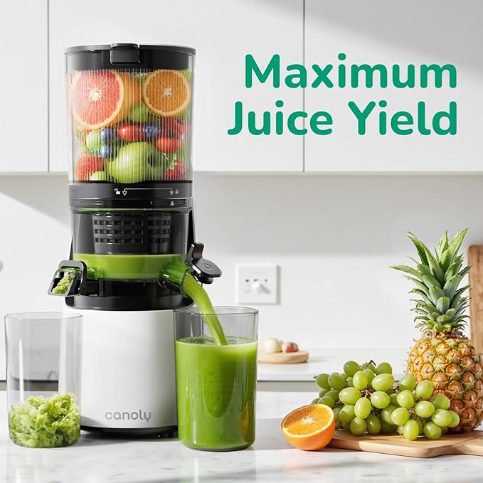 Canoly C16 Cold Press Juicer, with a 6" Wide Chute & Self-Precut, 3-in-1 Strainers (Juice & Sorbet & Nut Milk), BPA-Free Construction, Powered by a AC Brushless Motor (Pearl White)