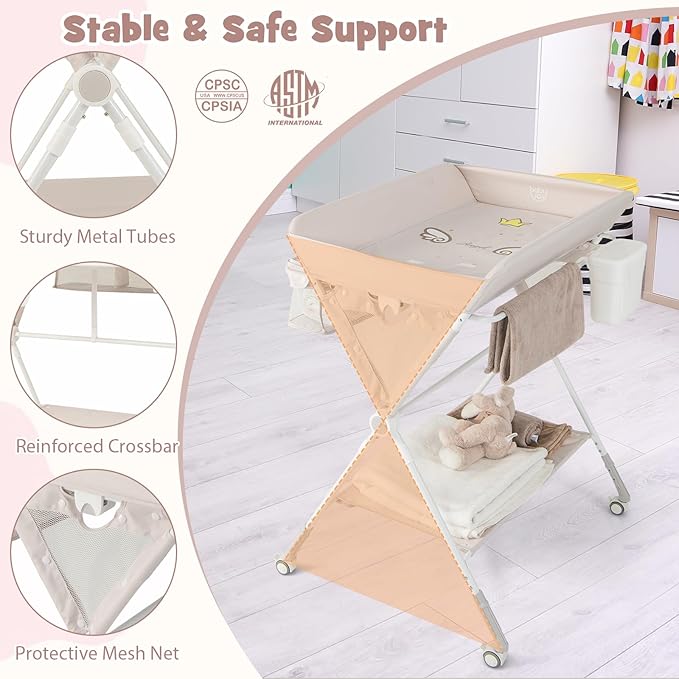 BABY JOY Portable Baby Changing Table, Foldable Diaper Changing Station with Wheels, Adjustable Height, Large Storage Rack, Trash Can, Mobile Nursery Organizer for Newborn Infant (Beige)