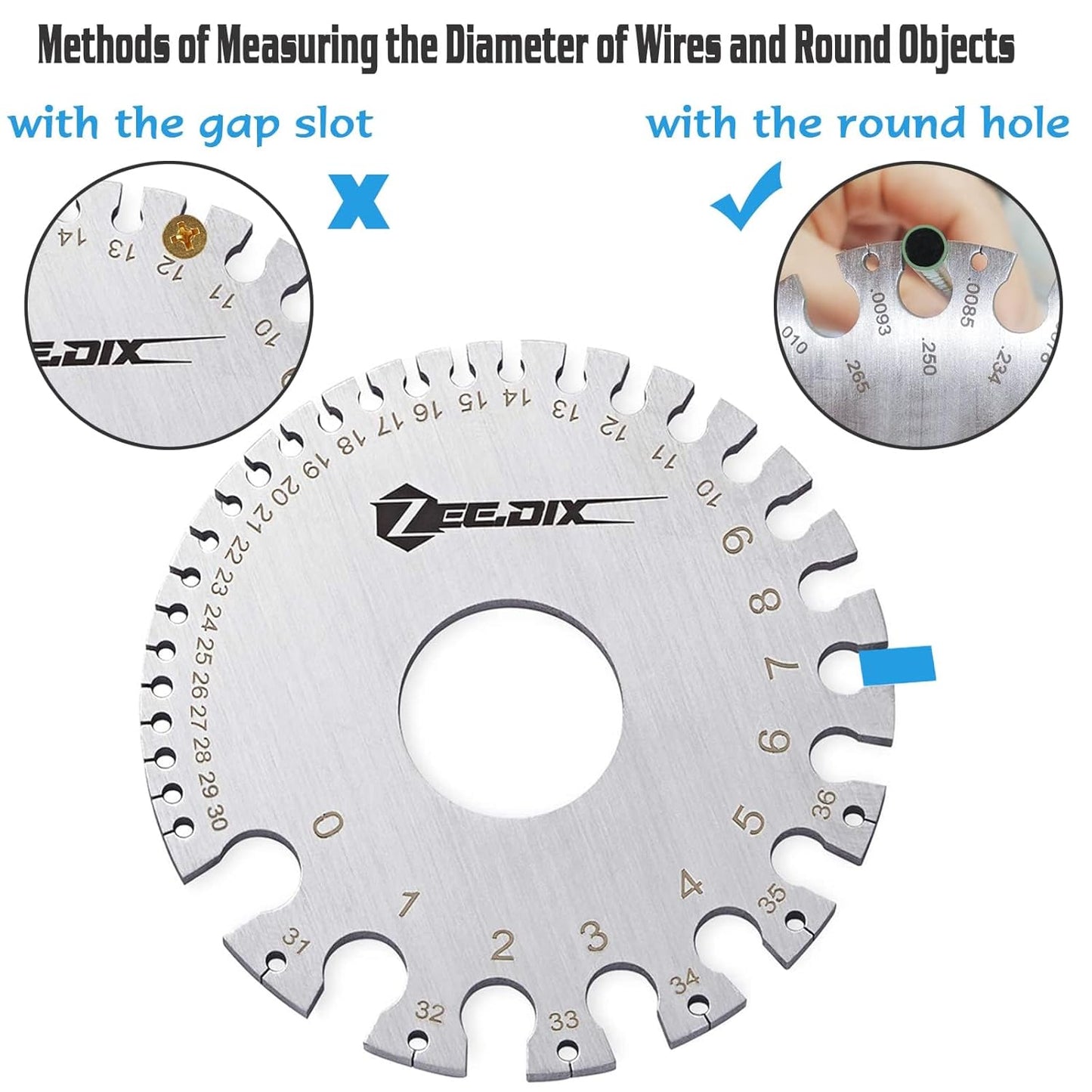 ZeeDix Standard Dual-Sided Round Wire Cable Sheet Gage- Stainless Steel Metal Wire Gage Measurement Tool Wire Measuring Ruler Diameter Tool