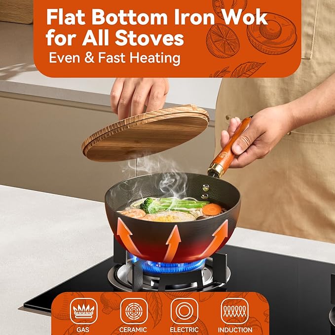 WANGYUANJI 8.6-Inch Small Iron Wok with Wooden Lid and Stainless Spatula, Deep Flat Bottom One-Person Stir Fry Pan, Coating-Free Carbon Steel Wok for Induction, Gas and Electric Stoves