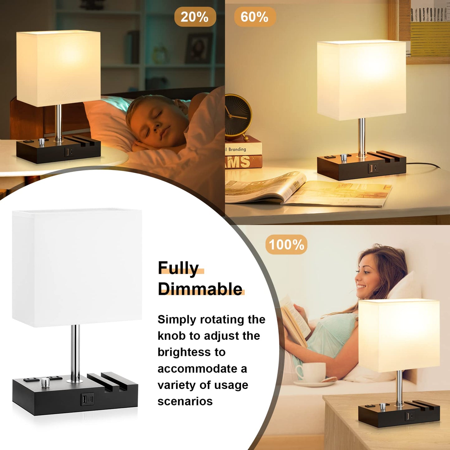 Kakanuo Bedside Lamps Set of 2, Fully Dimmable, USB C Ports, Wooden, White Shade