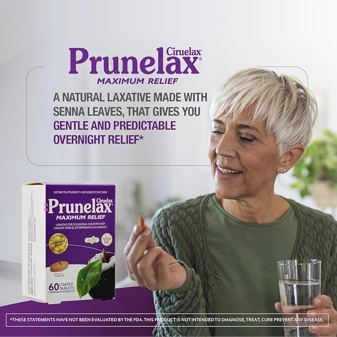 Prunelax Ciruelax Maximum Relief Laxative Tablets with Natural Senna for Occasional Constipation, Senna Extract, Vegan & Gluten-Free, Gentle Overnight Relief - 60ct