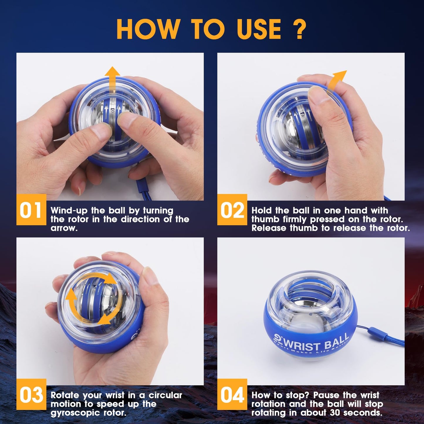 JIN BD Wrist Trainer Ball Auto-Start Strengthener Gyroscopic Forearm Exerciser Gyro for Strengthen Arms, Fingers, Bones and Muscles with LED Light，Blue