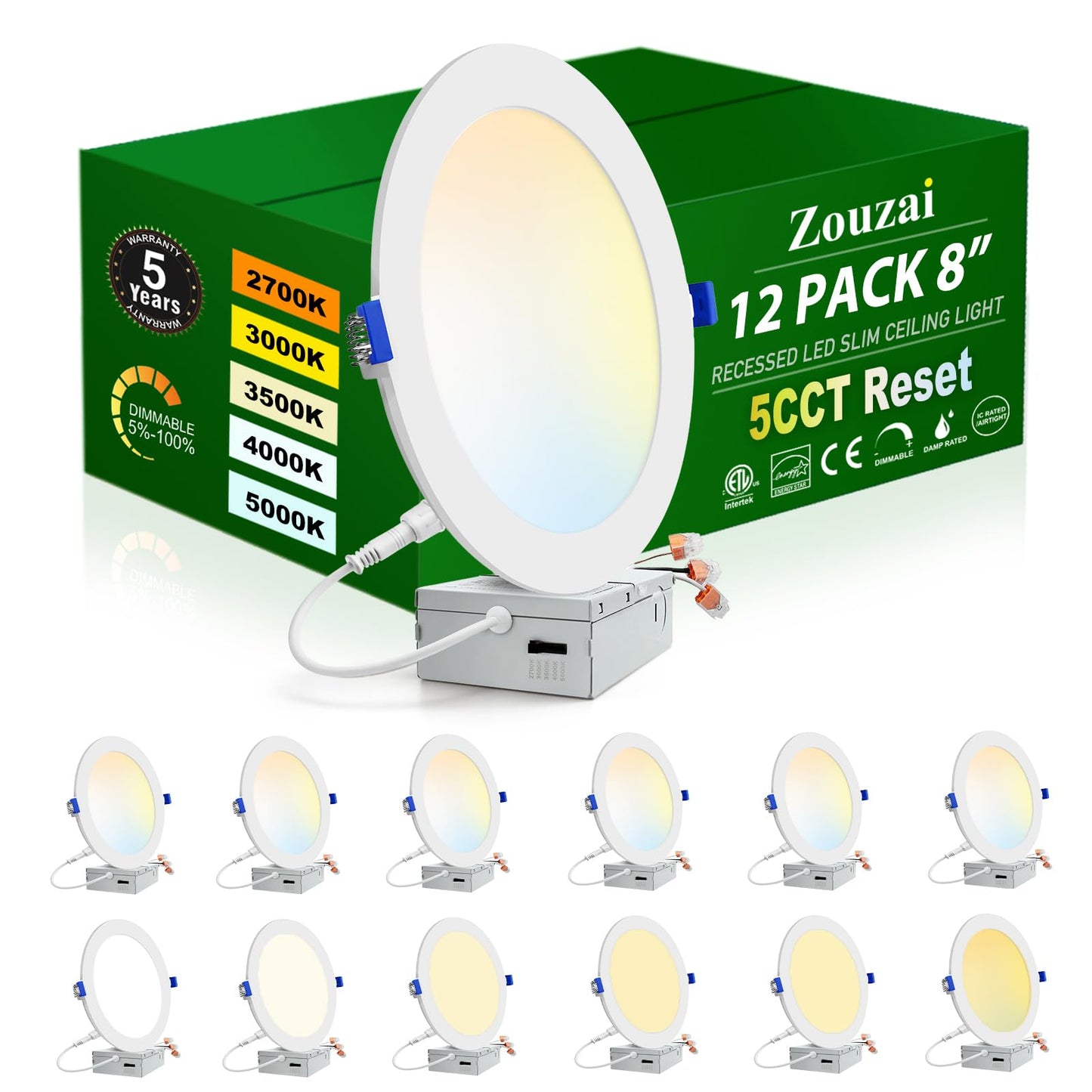 zouzai 12 Pack White 8 inch 18W 1620LM 5CCT Reset Ultra-Thin LED Recessed Ceiling Light with Junction Box, 2700K/3000K/3500K/4000K/5000K Selectable,Dimmable - ETL and Energy Star Certified