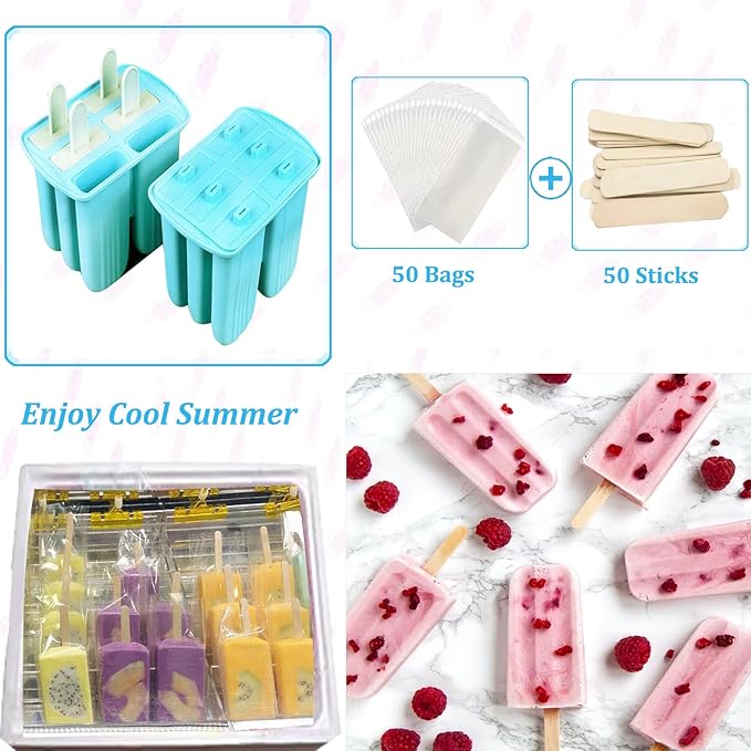 Silicone Popsicle Molds with Sticks Wpunwen 6 Cavity Ice Popsicle MoldsIce Cream Mold with Clean Brush 6 Reusable Sticks 50 Sticks 50 Bags Blue