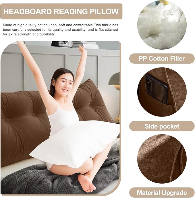Large Triangular Headboard Pillows Long Backrest Positioning Support Bolster Cushion for Daybed Fluffy Quality Plush Body Wedge Pillow with Removable Cover(Dark brown-Queen-59x8x20in)