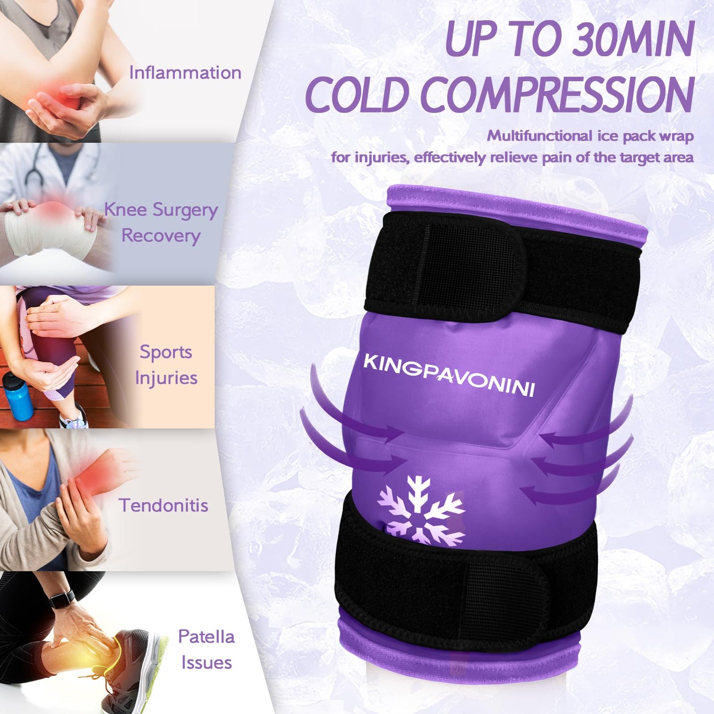 KingPavonini XXL Knee Ice Pack Wrap Around Entire Knee After Surgery, Large Reusable Gel Ice Pack for Injuries, Pain Relief, Swelling, Sports Injuries, 1 Pack (Purple)