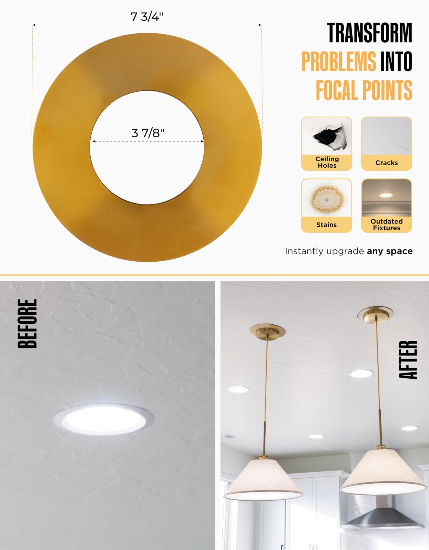The Can Converter Recessed Can Light Conversion Kit with 7.75in Polished Gold Flat Ceiling Medallion