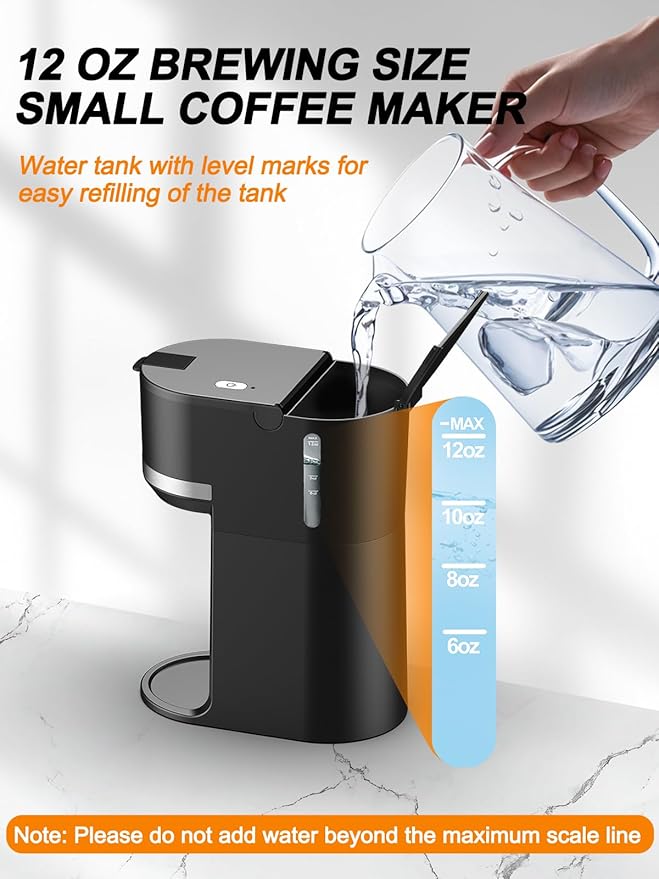 Single Serve Coffee Maker for K-Cup and Ground Coffee, Fast Brew, 6-12 oz Brew Sizes One Cup Coffee Machine Fits 5.5" Mugs, One-Button Small Coffee Maker with Descaling Reminder,Black
