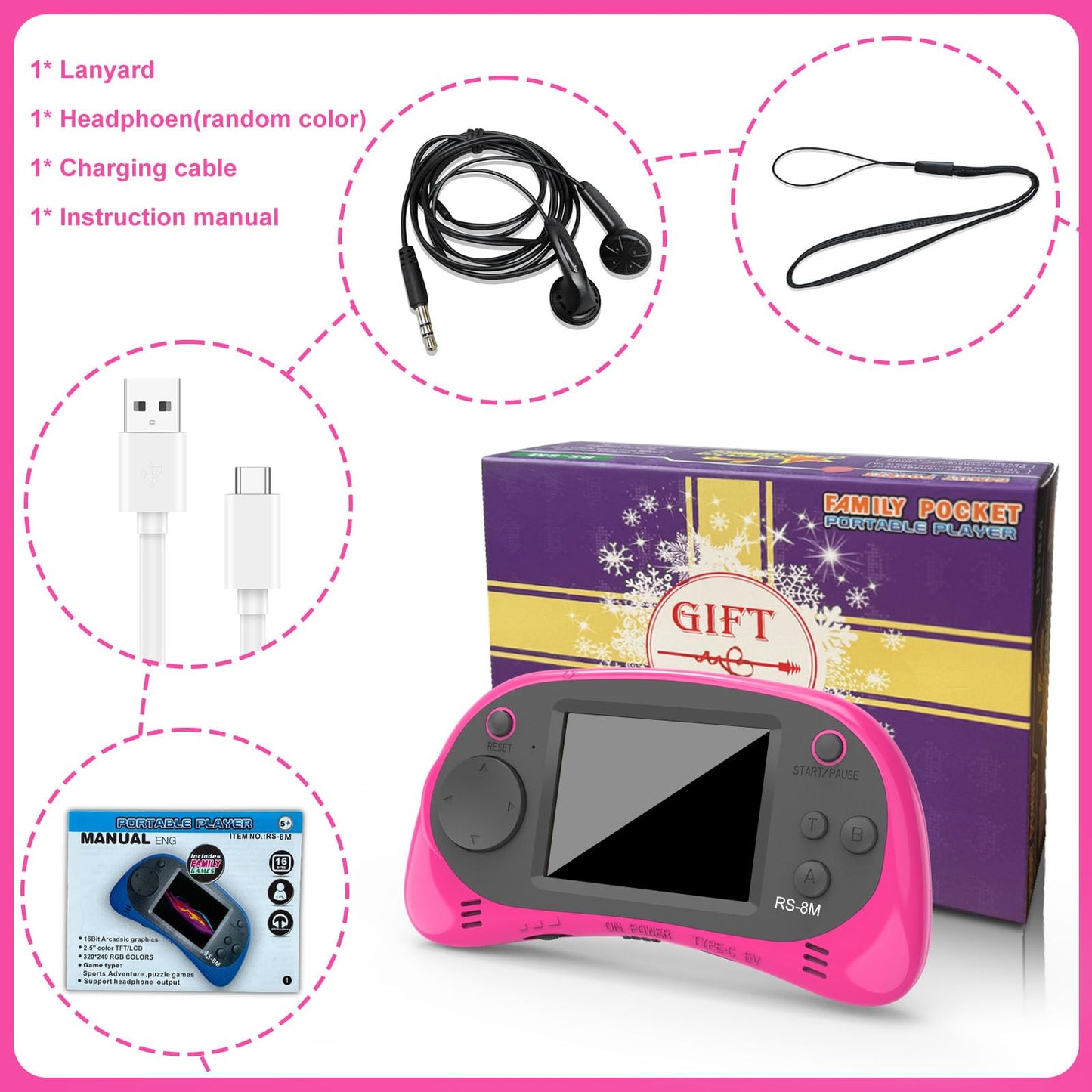 Kids Handheld Games 16 Bit Retro Video Game with 220 HD Electronic Games - 2.5'' LCD Portable Travel Games Gifts for Boys Girls Ages 4-12