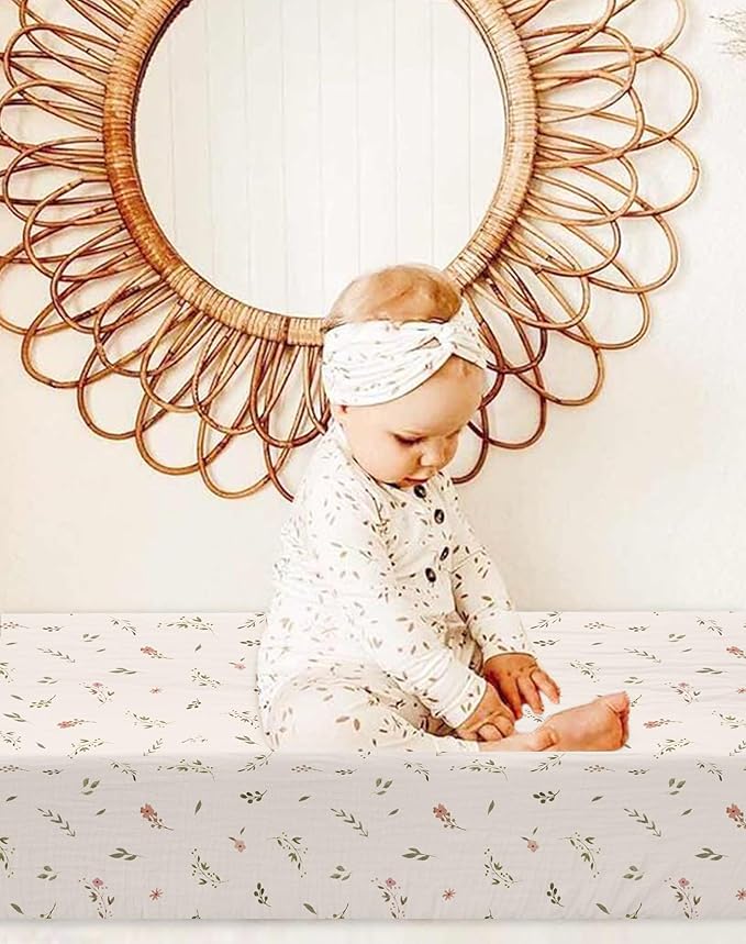 Changing Pad Cover for Baby Boy Girl 2 Pack, Muslin Changing Table Pad Covers with Boho Style, Neutral Nursery Bedding Essentials Soft and Breathable(Petal Leaf & Pink)