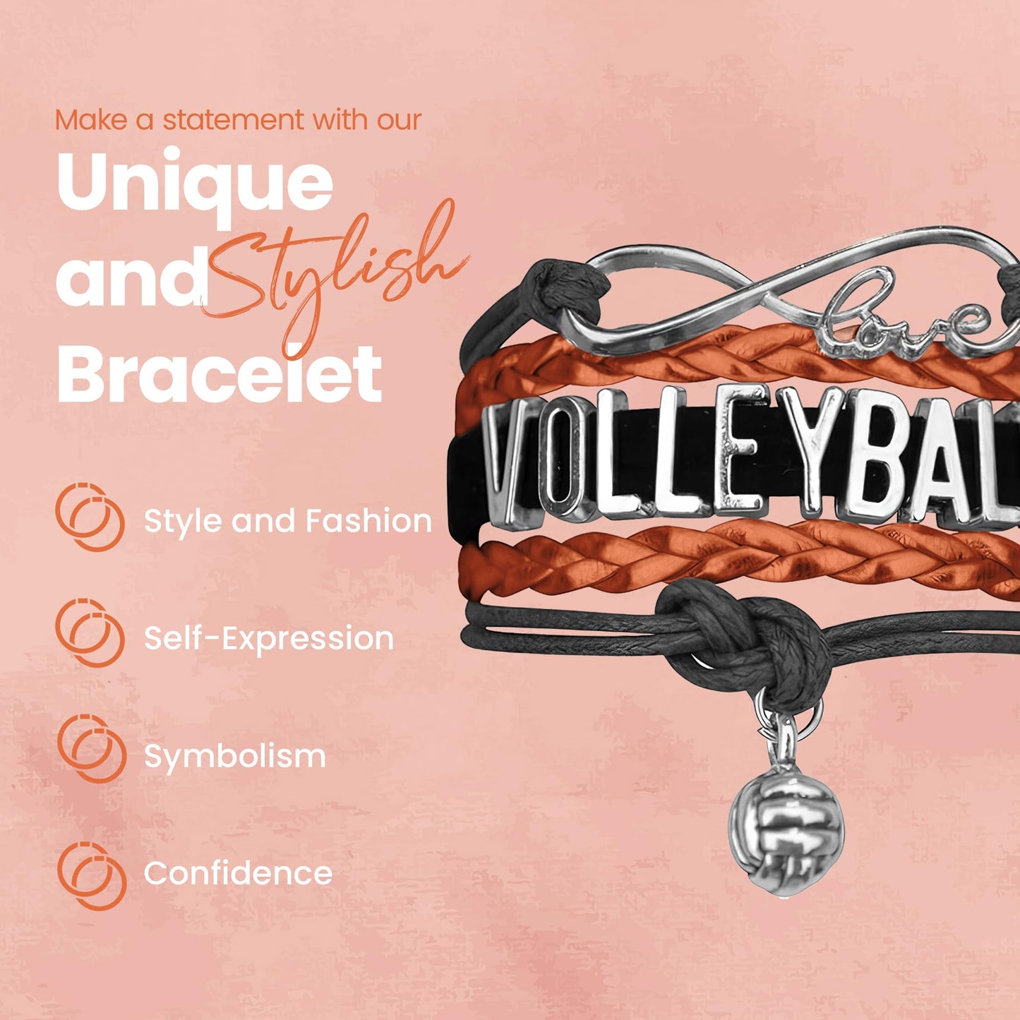 Volleyball Bracelet - Adjustable Charm Bracelet with Infinity Symbol & Silver Volleyball Charm by SportyBella. (Orange/Black)